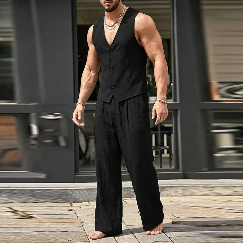 

INCERUN Men's Sets Solid Color V Neck Sleeveless Vests Pants Two Piece Sets Streetwear 2026 Elegant Fashion Men Matching Sets