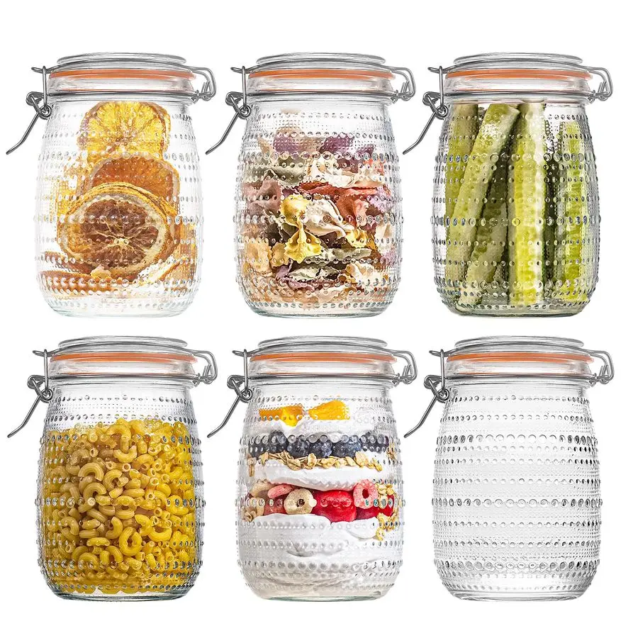 

Glass Mason Jars with Airtight Lids 6 Pack, Wide Mouth Canning Jars with Clip Top Lids for Kitchen Storage Pickling Salad Jam