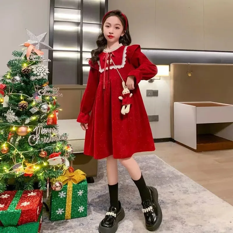 2023 autumn Teenager kids Girls corduroy clothes Princess Dress lace mesh collar A-LINE retro winter Christmas 4 to 12 new Years