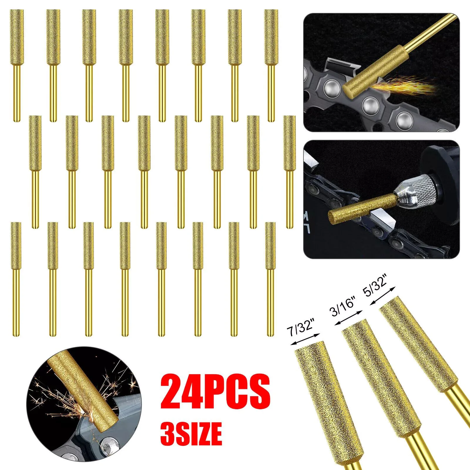 24Pcs/Set Diamond Coated Cylindrical Burr 4/4.8/5.5mm Chainsaw Sharpener Stone File Chain Sharpening Carving Grinding Tools Kits