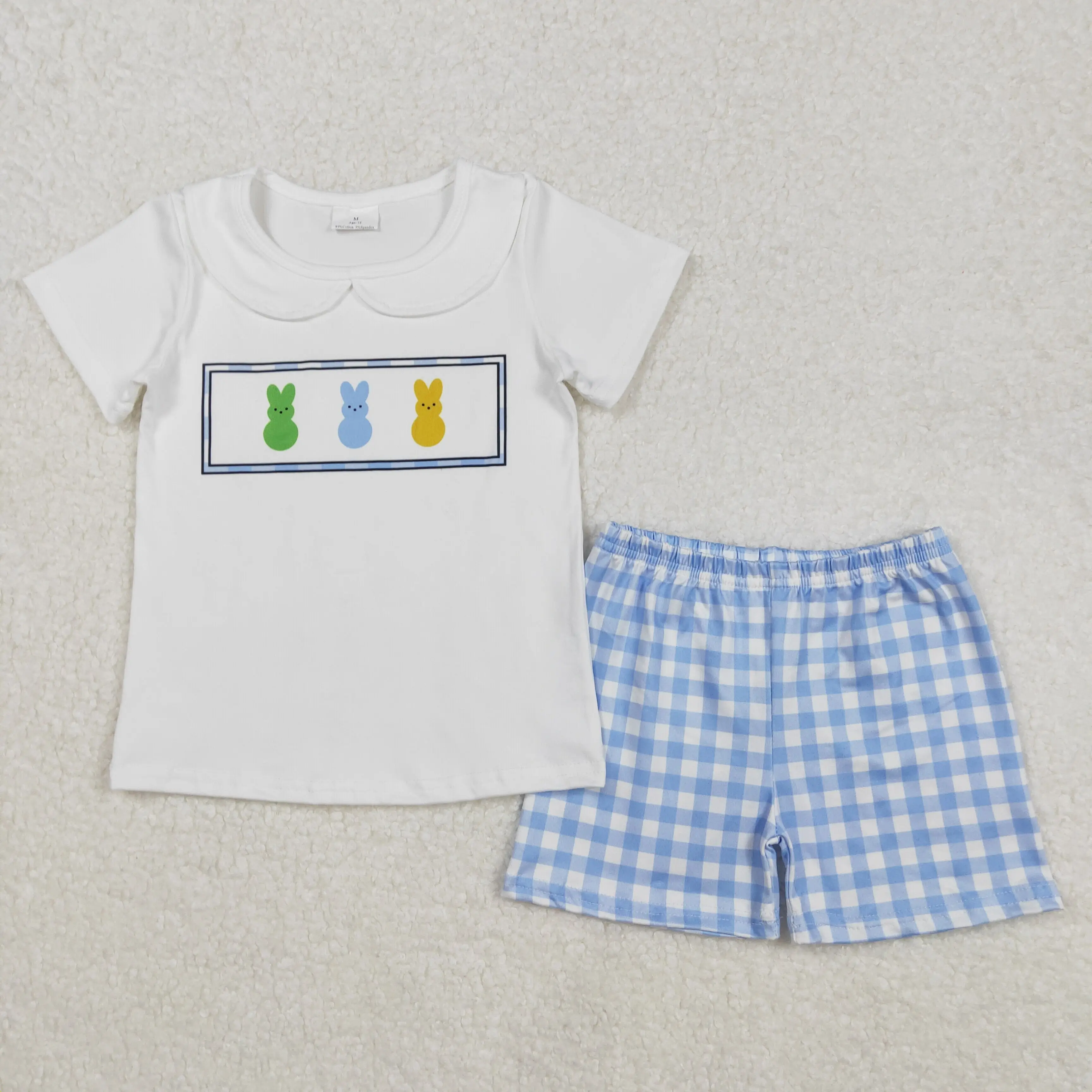 

3.6 yan New rts Infant Boys Suit Wholesale Boutique Easter Bunny Print White Short Sleeve Blue Plaid Shorts Boy Set