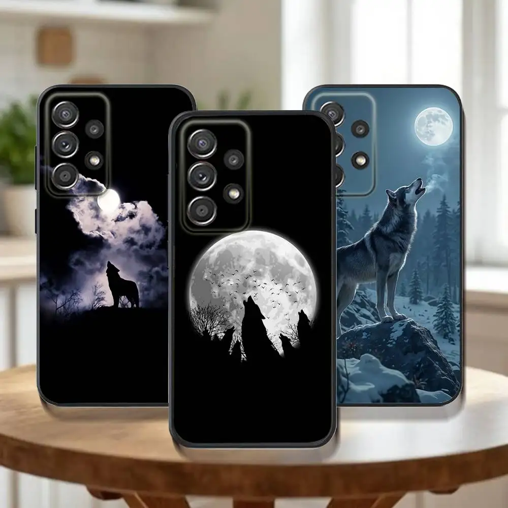 

Moon Roaring Wolf Phone Case For Samsung Galaxy A73,91,80,72,51,53,52,71,22,5G,Note,J7,8,9 Soft Black Cover