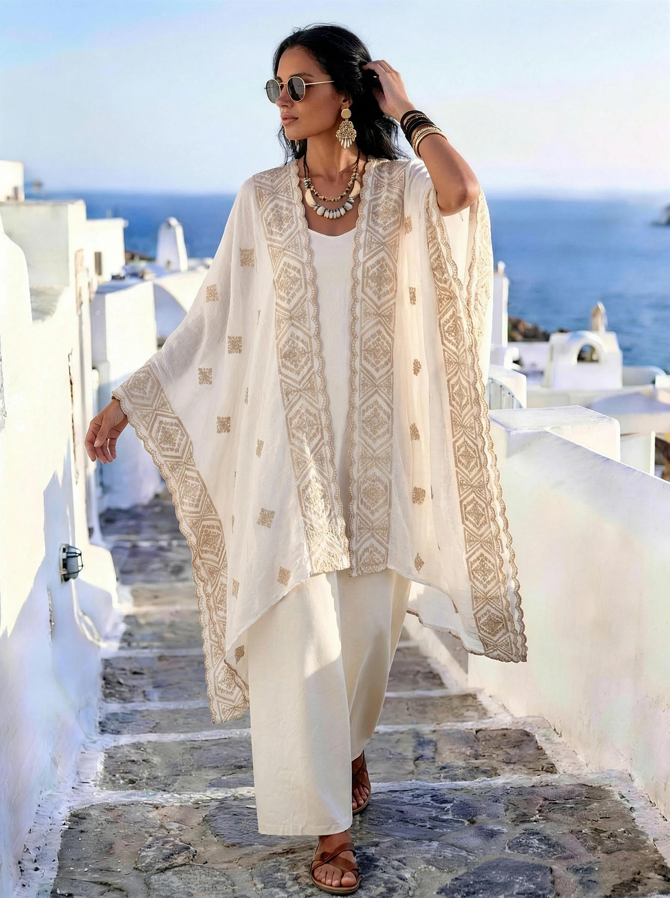 Women Bohemian Embroidered Kimono Cardigan, Loose Open‑Front Long Cape Shawl, Lightweight Beach Cover Up for Vacation Daily Wear