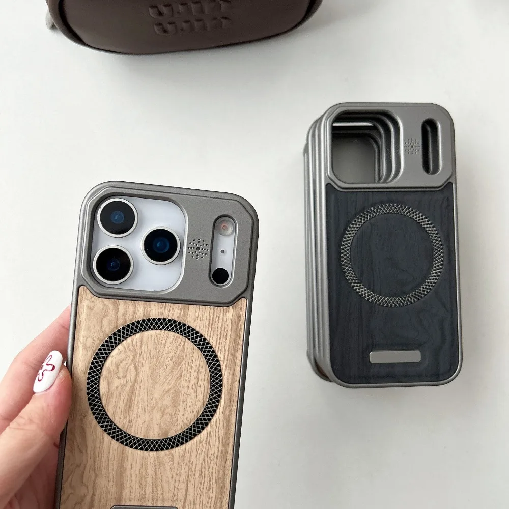 Huyangmu phone case suitable for Apple 17 16 15 14 13 12 Pro Max metal paint wood grain magnetic suction 1 leather phone case