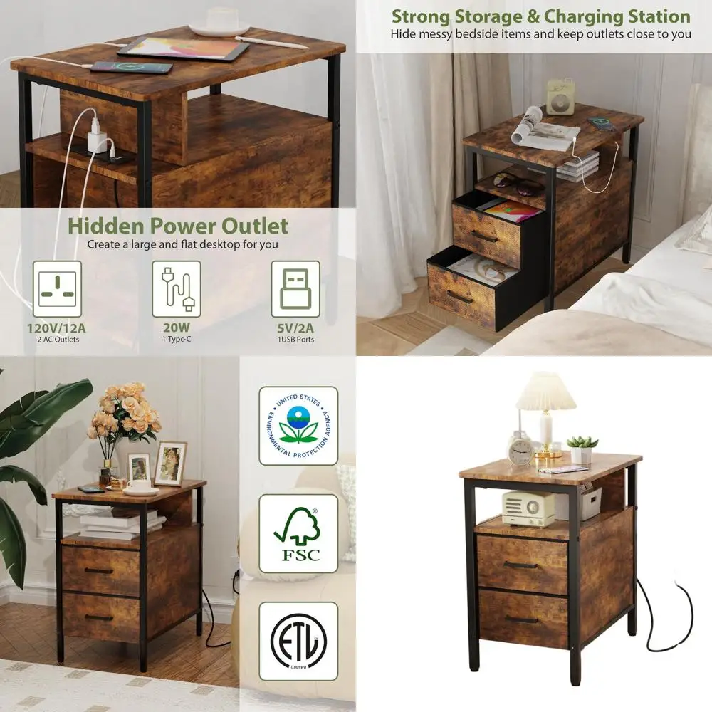 

Rustic Brown Charging End Table with Fabric Drawers, Storage Shelf, USB & Outlets for Compact Spaces