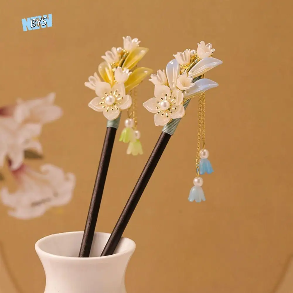 

Ethnic Chinese Style Flower Hair Sticks Handmade with Tassel Hair Chopsticks Hair Fork Vintage Hair Bun for Hanfu