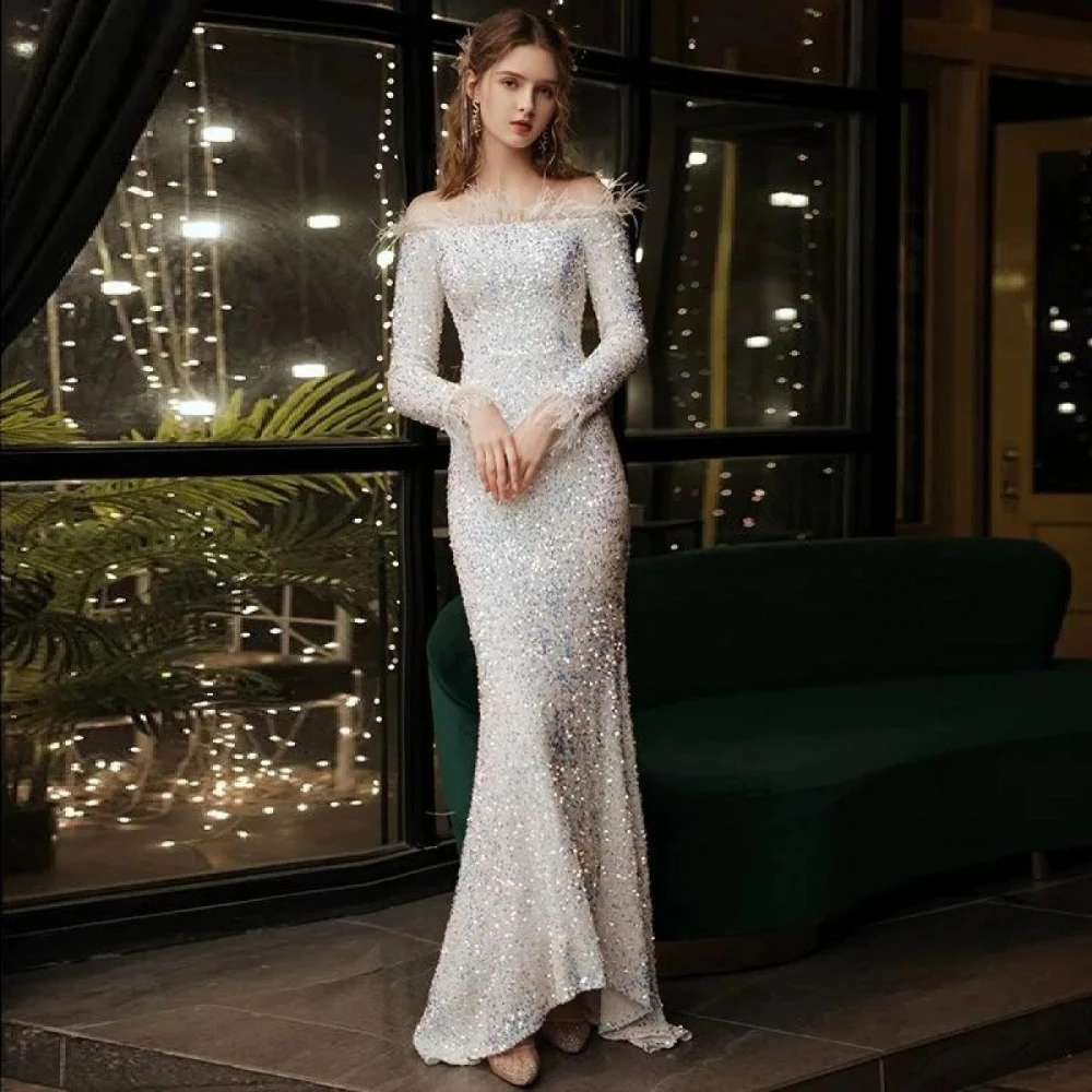 

Arya White Elegant Evening Dresses Sequin for Floor-Length Off the Shoulder Prom Dress Feathers Robes De Soirée Customized