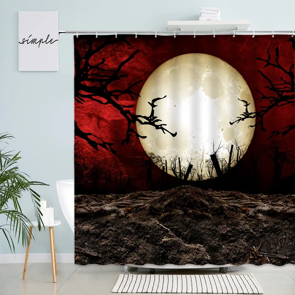 Horror Halloween Shower Curtain Set Mystic Red Sky Branches Full Moon Night Landscape Bath Curtains holiday Cloth Bathroom Decor