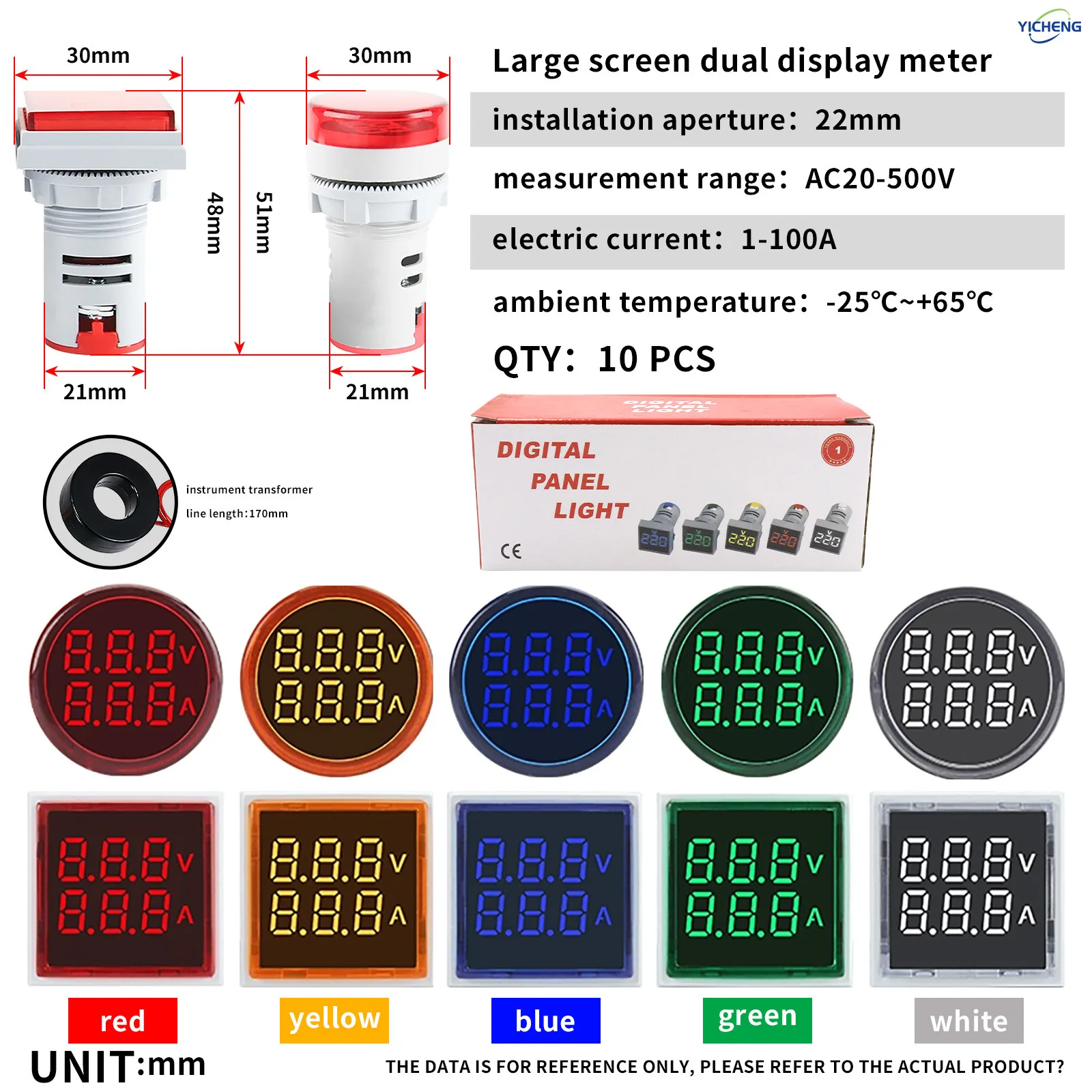 

YICHENG 10Pcs LED AC digital display instruction current voltage meter frequency meter Hertz meter thermometer,hole size 22mm.