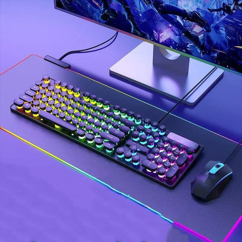 

Клавиатура с металлической панелью в стиле ретро-пишущей машинки — радужная подсветка, круглые клавиши, защита от фантомных нажатий, защита от пролитой жидкости, 104 клавиши, USB-подключение для офиса/игр