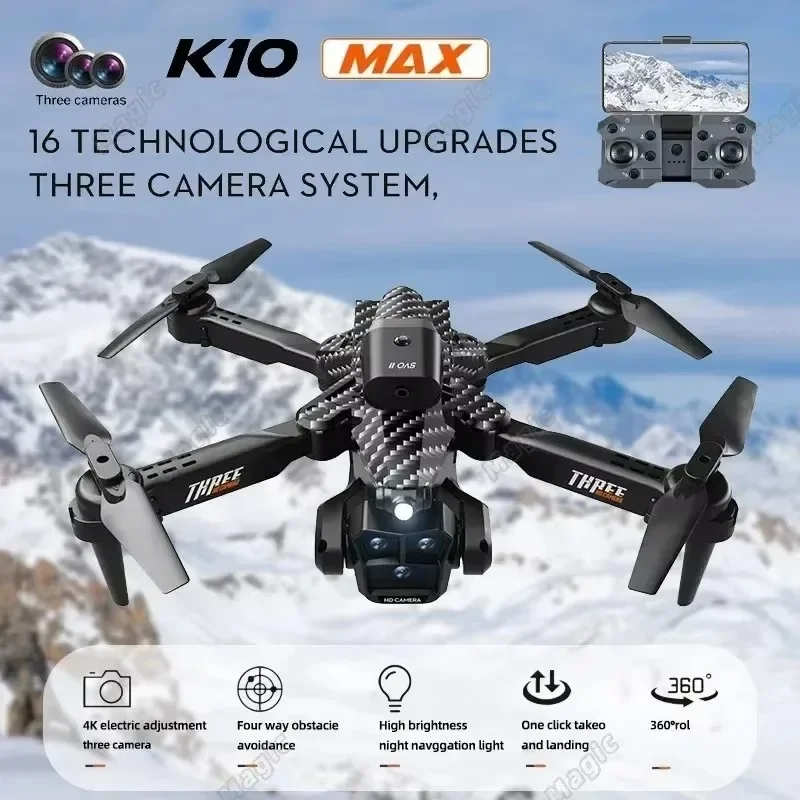 K10 Max Brushless HD Drone with Three Cameras Wide Angle Obstacle Avoidance RC Quadcopter for Aerial Photography