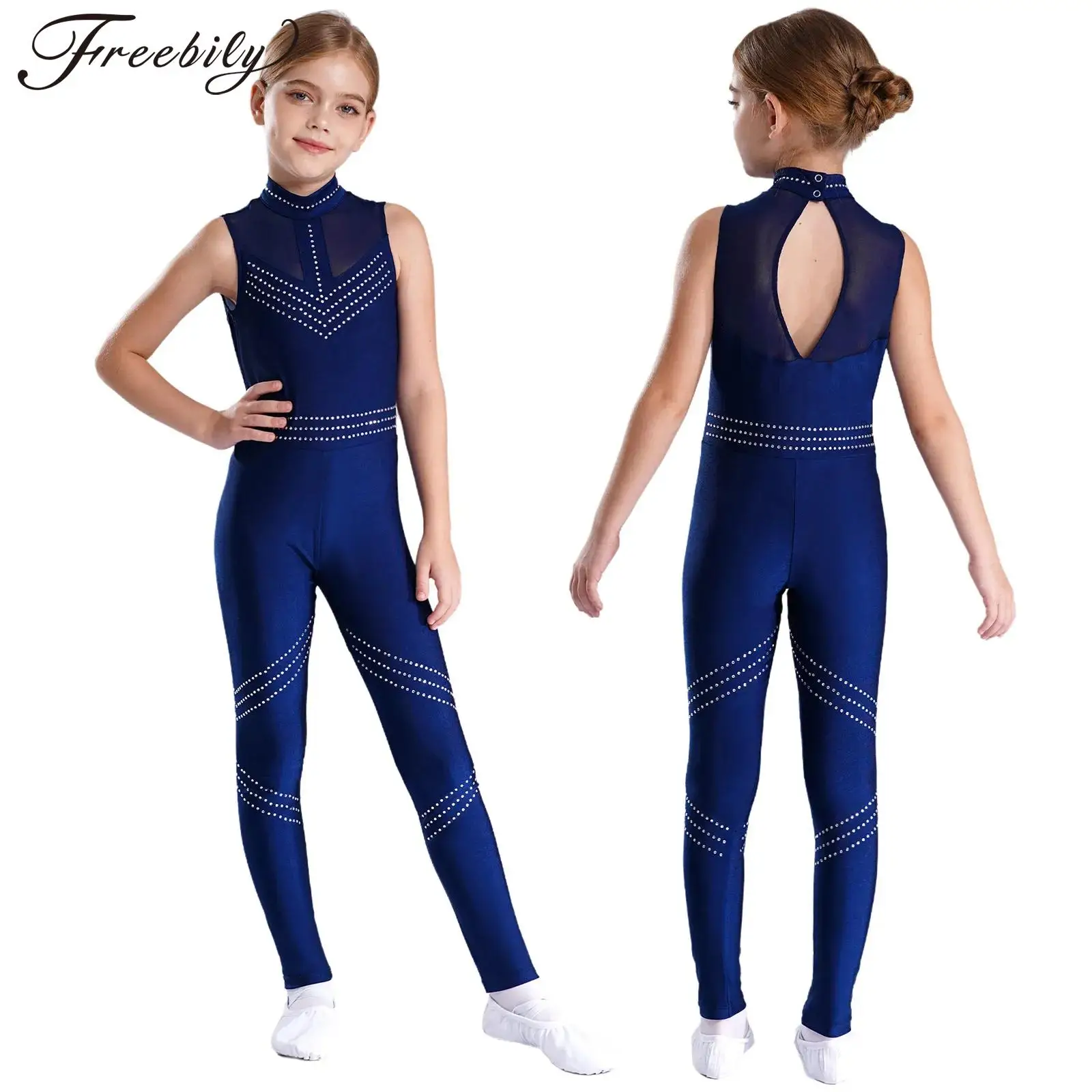 

Kids Girls Figure Skating Costume Rhythmic Gymnastics Leotard Bodysuit Shiny Rhinestone Long Sleeve Ballet Dance Jersey Unitard