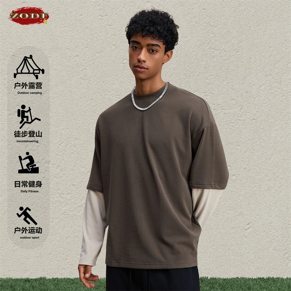 ZODF 2025 Autumn Man Fake 2 Pieces 320gsm T-Shirt Unisex Oversized