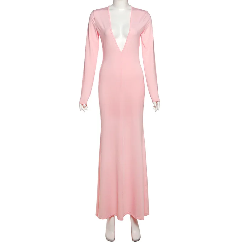 2025 Herfst Vrouwen Elegante Sexy Bodycon Maxi Jurk Diepe V-hals Volledige Mouw Solid Slim Avondjurk Verjaardagsfeestje Lange Gewaad