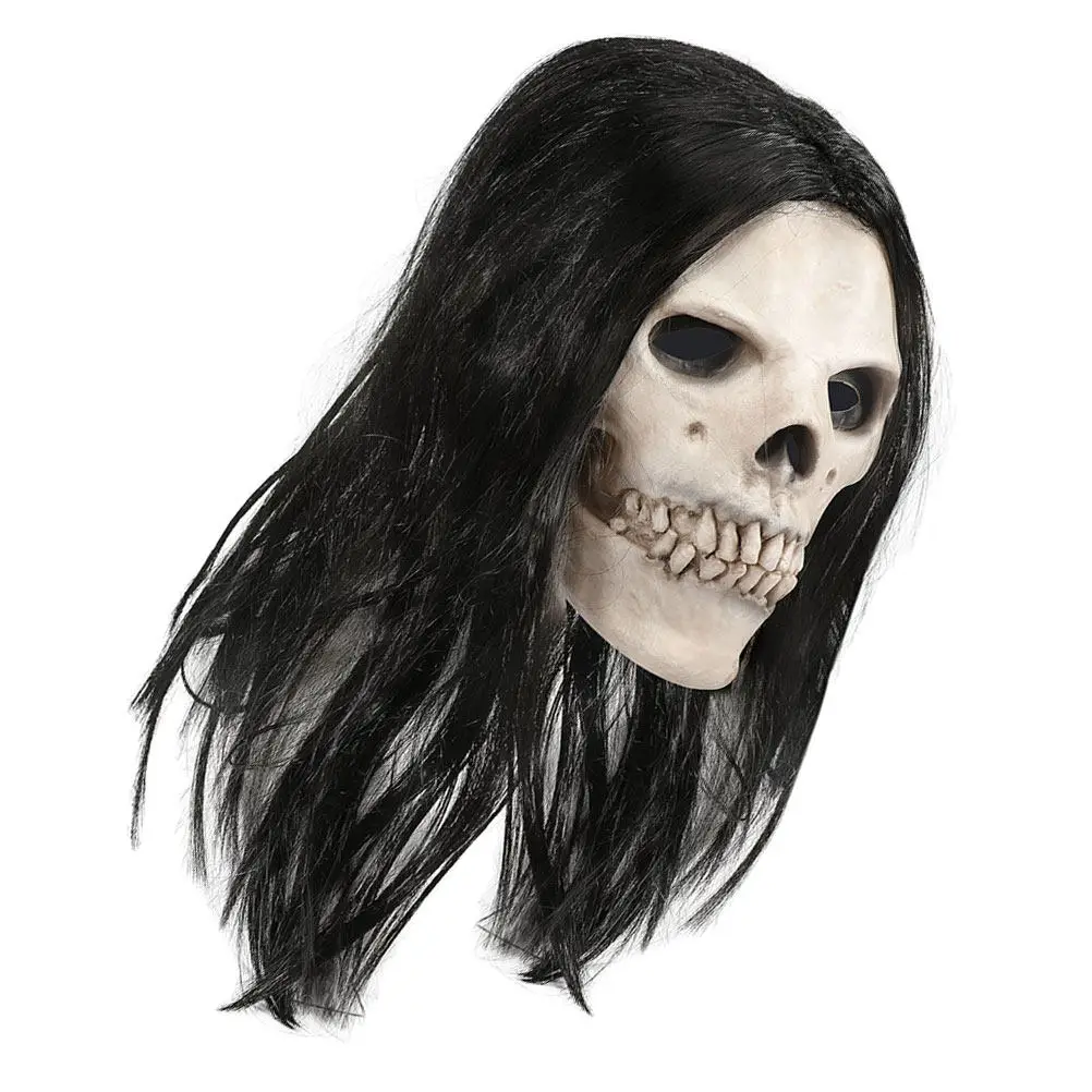 Halloween Skull Mask Hair Full Head Latex Headgear Realistic Scary Cosplay Haunted Skull Mask Latex Headgear
