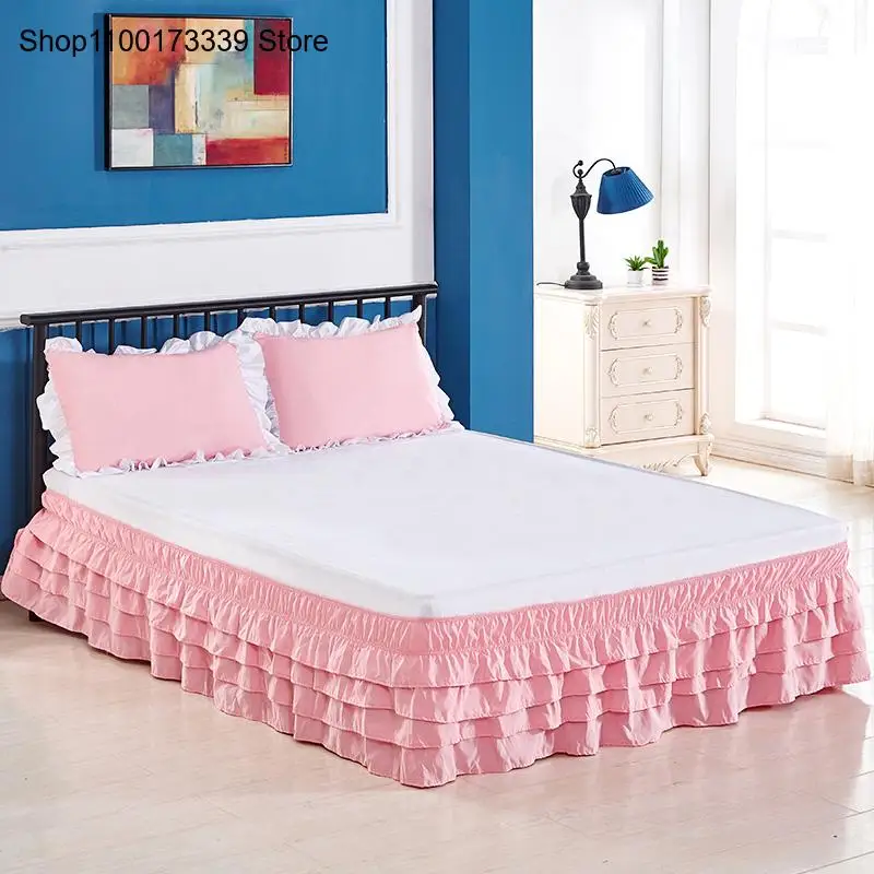 Pleated Elastic Bed Skirt Cover Princess Style Three-Layer Ruffled Edge Bed Apron Elastic Pure Color Bedside Skirt