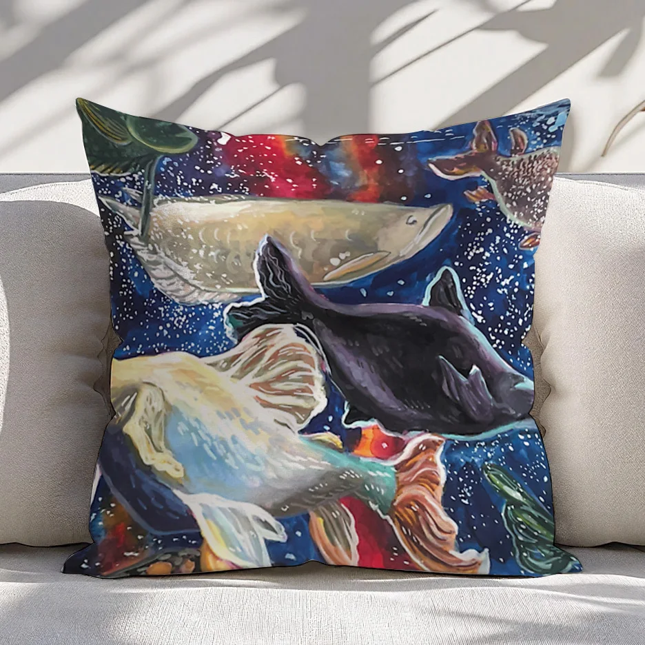 Artistic Underwater Fish Print Pillow Cover Ocean Aquatic Nautical Throw Cushion Case Decorative Home Decor