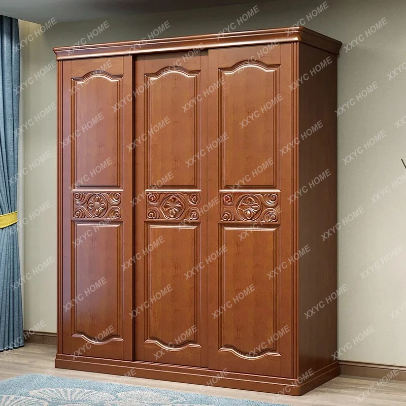 

L Solid wood, sliding door wardrobe, small and medium-sized mical wooden bedroom with mirror