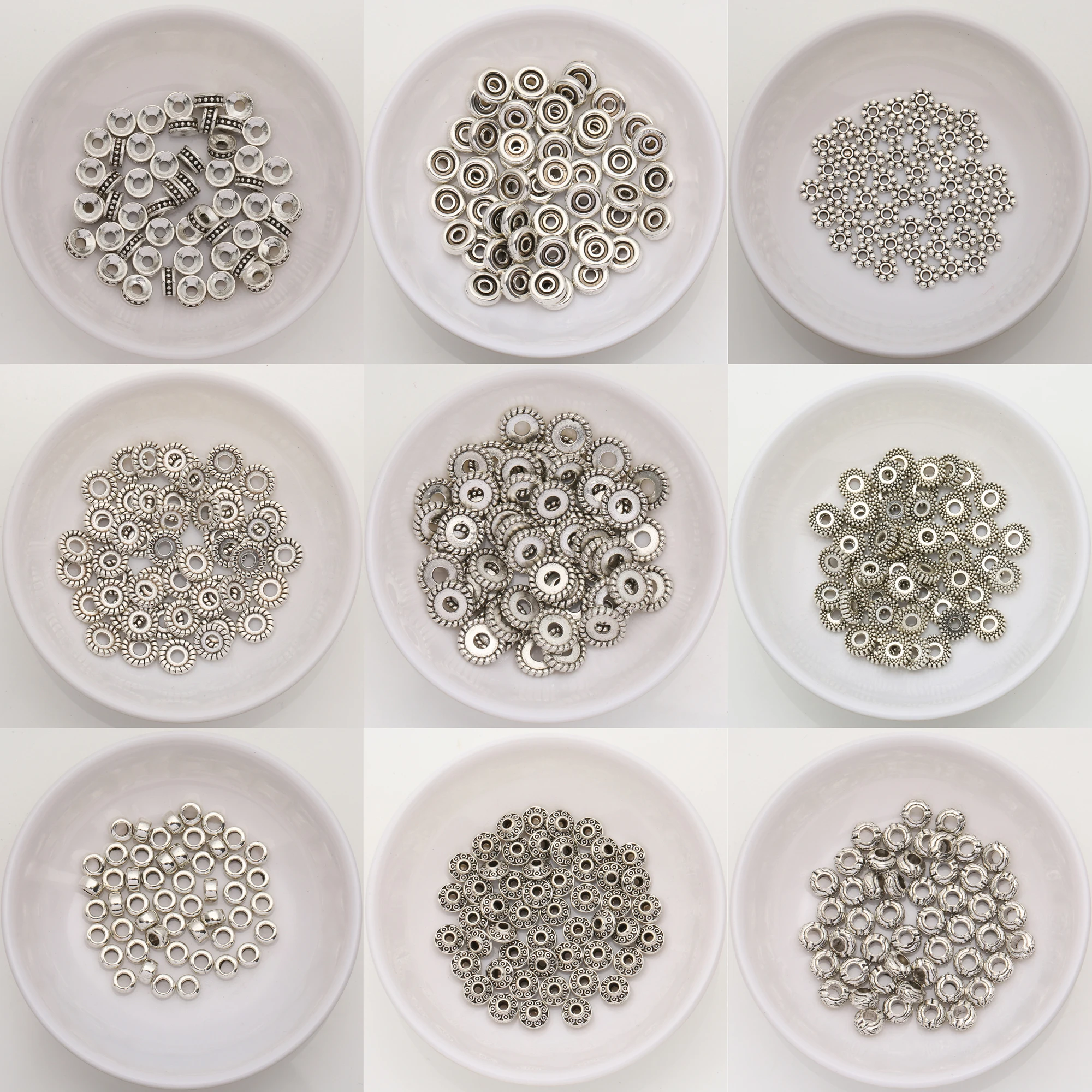 (50Pcs / Lot !) 21 Styles Zinc Alloy Tibetan Silver European Charm Connector Crimp End Beads Size 6mm HA8606B