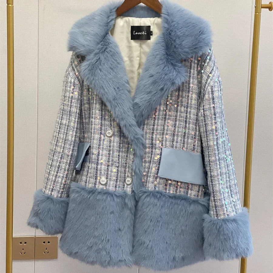 Chic Winter Faux Mink Fur Spliced Sequined Tweed Jacket Coarse Floral Fox Fur Turn Down Collar Beading Coat Furry Cardigan Tops