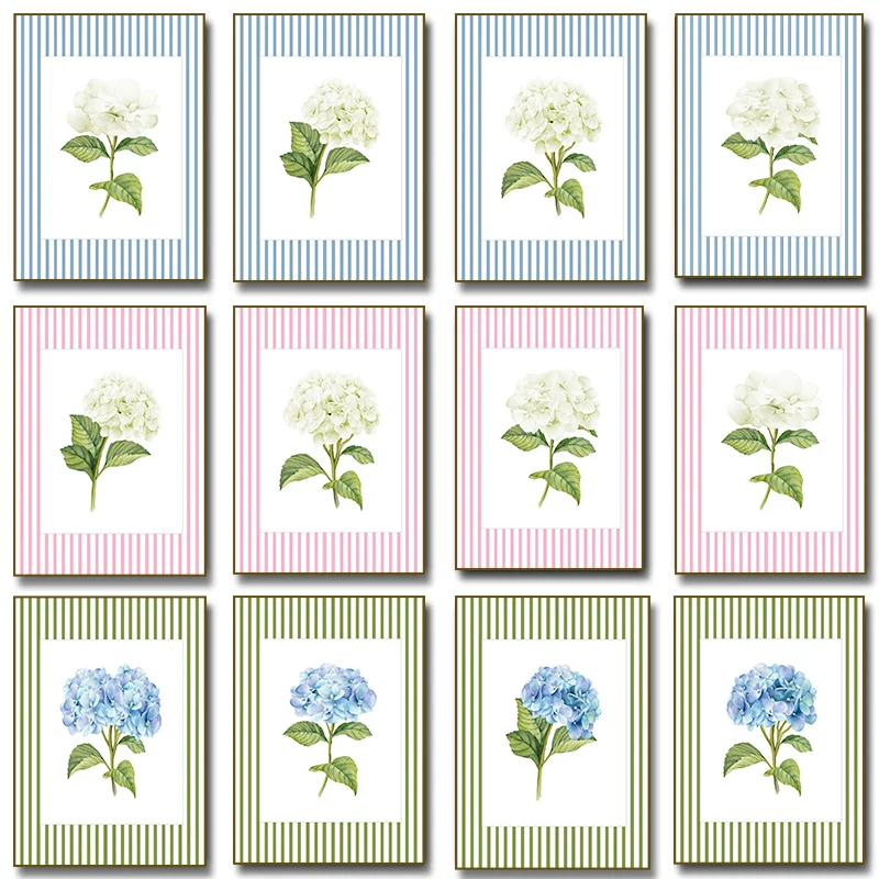 Blue Striped White Hydrangea Poster Print Chinoiserie Botanical Art Canvas Painting for Living Room Home Decoration Cuadros