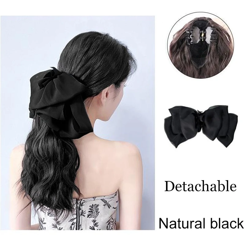 Fashionable New Women\'s Synthetic Grab Clip Ponytail Wig with Bow Hairpin Wavy Curly Ponytail Hair Extension