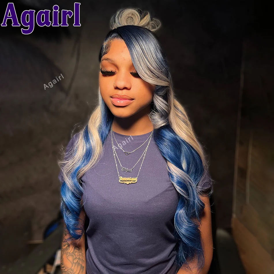 Highlight Blue With 613 Blonde Body Wave Human Hair Wigs Pre Plucked Peruvian 13X6 13x4 Transparent Lace Frontal Wigs For Woman