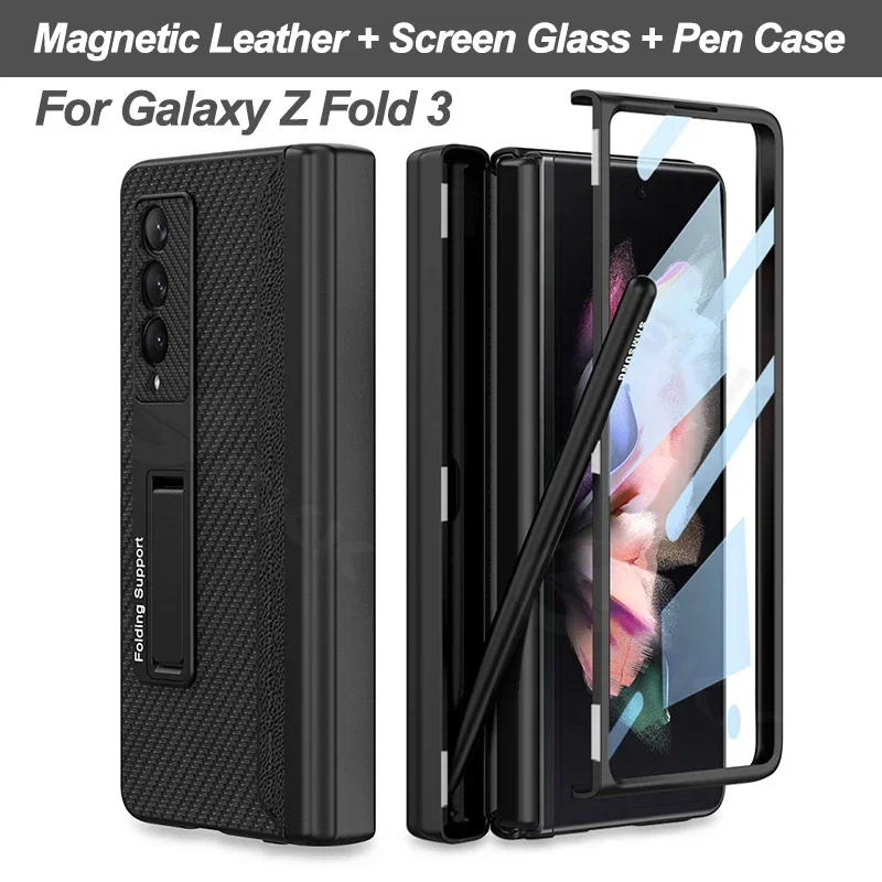 

Magnetic Hinge Plain Leather Case For Samsung Galaxy Z Fold 3 All-included Protective Pen Holder Cover For Galaxy Z Fold3 4 Case