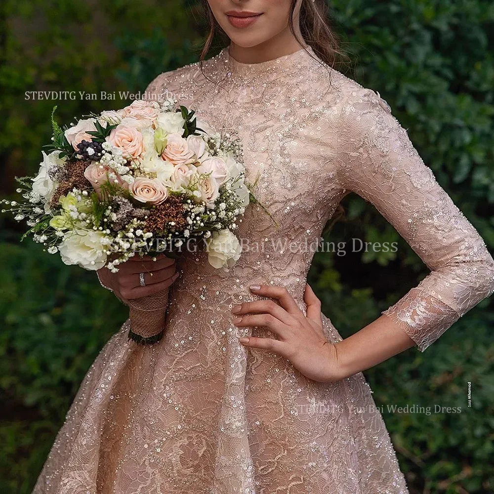 Eleganckie modne koronkowe aplikacje suknie balowe dla kobiet arabskie frezowanie strój muzułmański formalne wesele panna młoda suknia w stylu Vintage