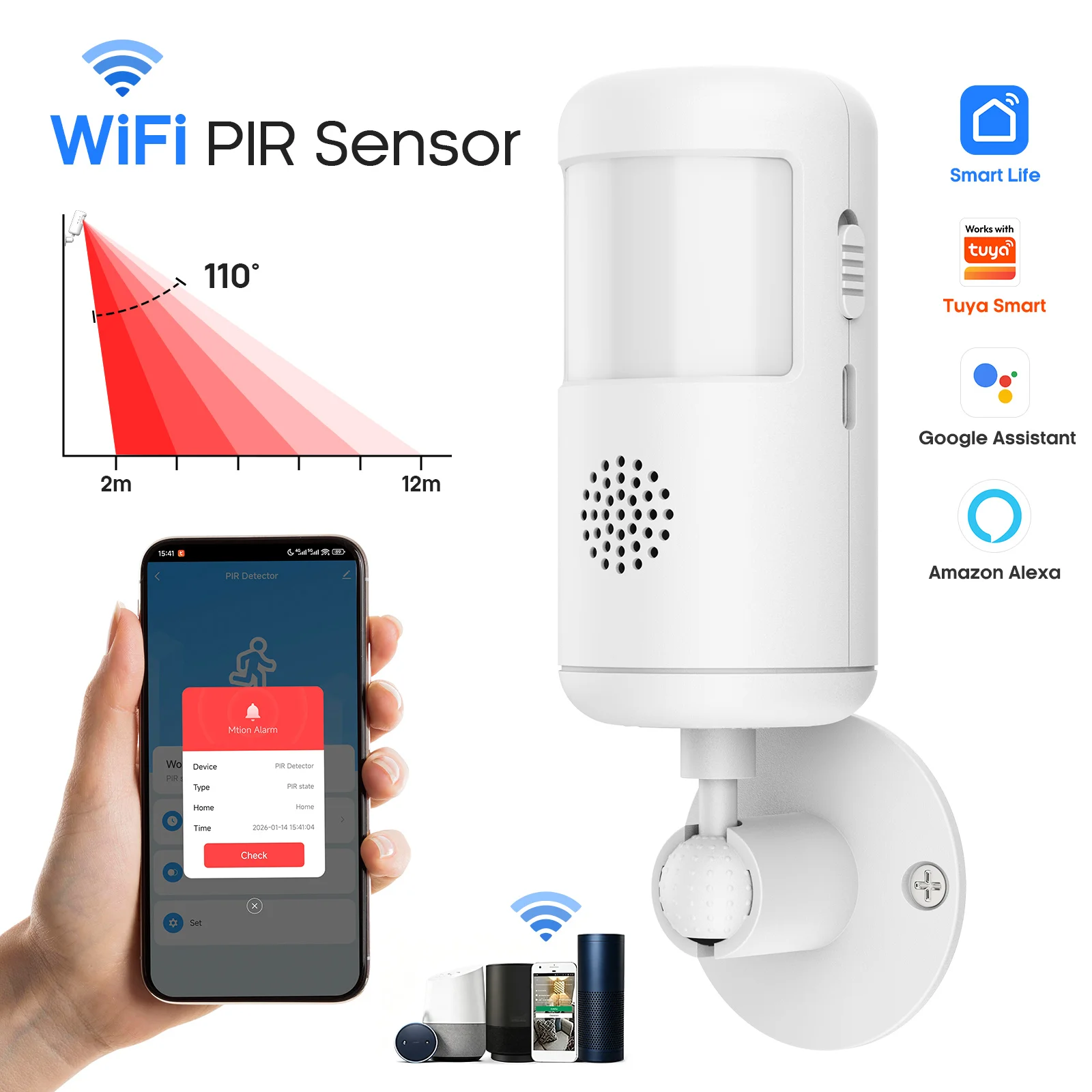 PGST Tuya Smart WiFi Infrarot-Detektor, 4 Alarmmodi, kompatibel mit Alexa und Google, 24-Stunden-Standby, Infrarot-Körpererkennung, 2/4/6/8 Stück