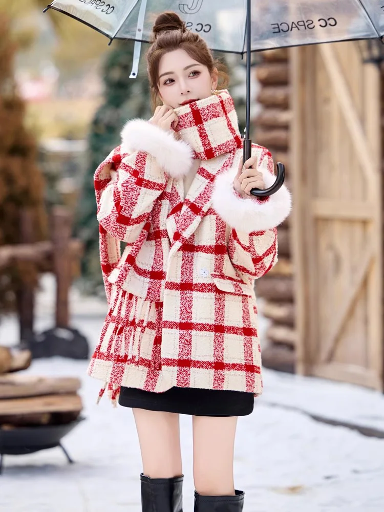 New Women Autumn Winter Down Liner Woolen Coat Fashion Suit Collar Single Button Wool Blended Blazer Elegant Plaid Down Coat