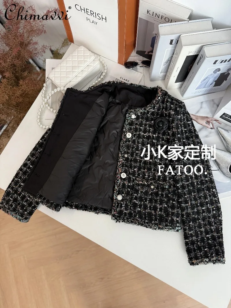 

2025 Winter New High-End Fashion Shiny Silk Woven Tweed Coat Long Sleeve Elegant Commuter Black Down Short Jacket for Women