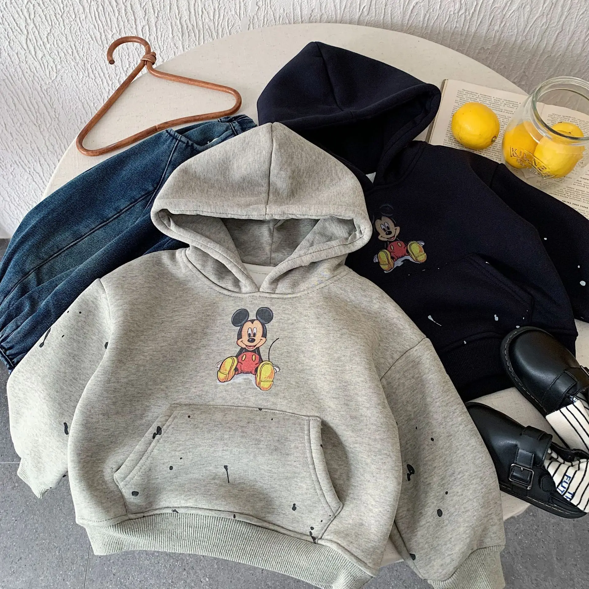 

Детская флисовая толстовка с капюшоном с героями мультфильмов, осень-зима, новые повседневные толстовки с длинными рукавами и принтом Микки, свободные утепленные детские топы