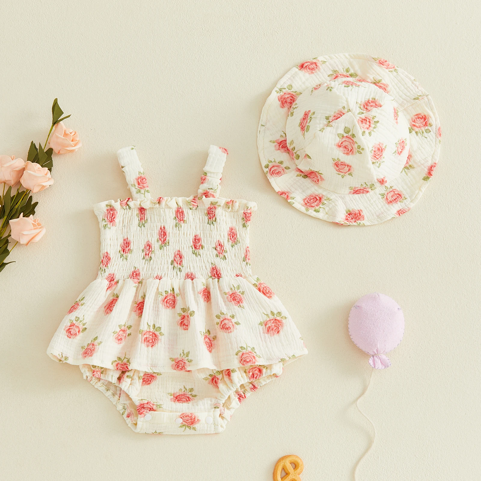 Baby Girls Romper Dress Casual Rose Print Elastic Straps Sleeveless Bodysuits Sun Hat Set Baby Clothes Outfits