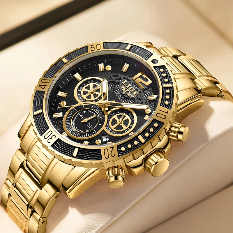 

LIGE Top Brand Luxury Fashion All Gold Mens Watches Stainless Steel Quartz Watch For Men Waterproof Sport Clock Male Chronograph