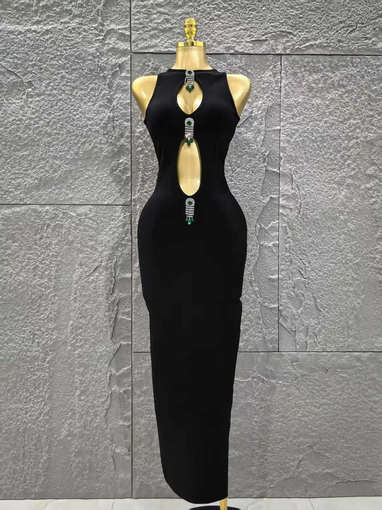 أعلى جودة المرأة أكمام مثير ثقوب المفتاح التسلق الماس Bodycon فستان طويل ضمادة مساء حفلة احتفال فستان كوكتيل