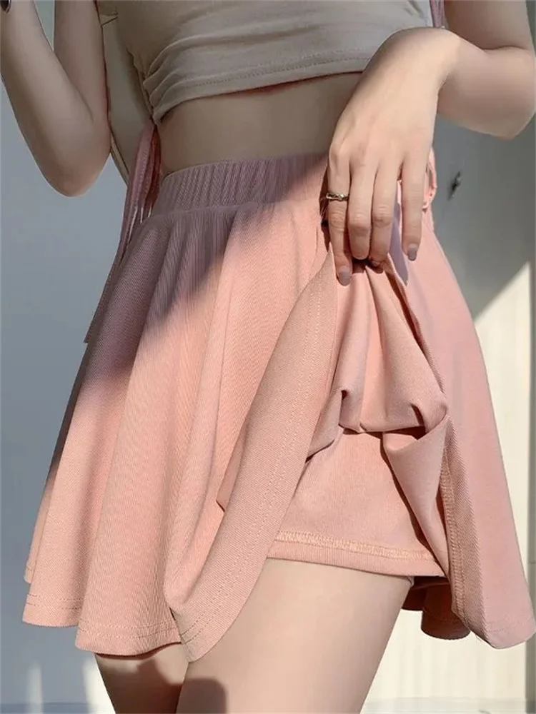 

Розовая плиссированная юбка из ледяного шелка, женская юбка с высокой талией для похудения, закрывающая бедра, летняя юбка трапециевидной формы, антилегкая прогулочная