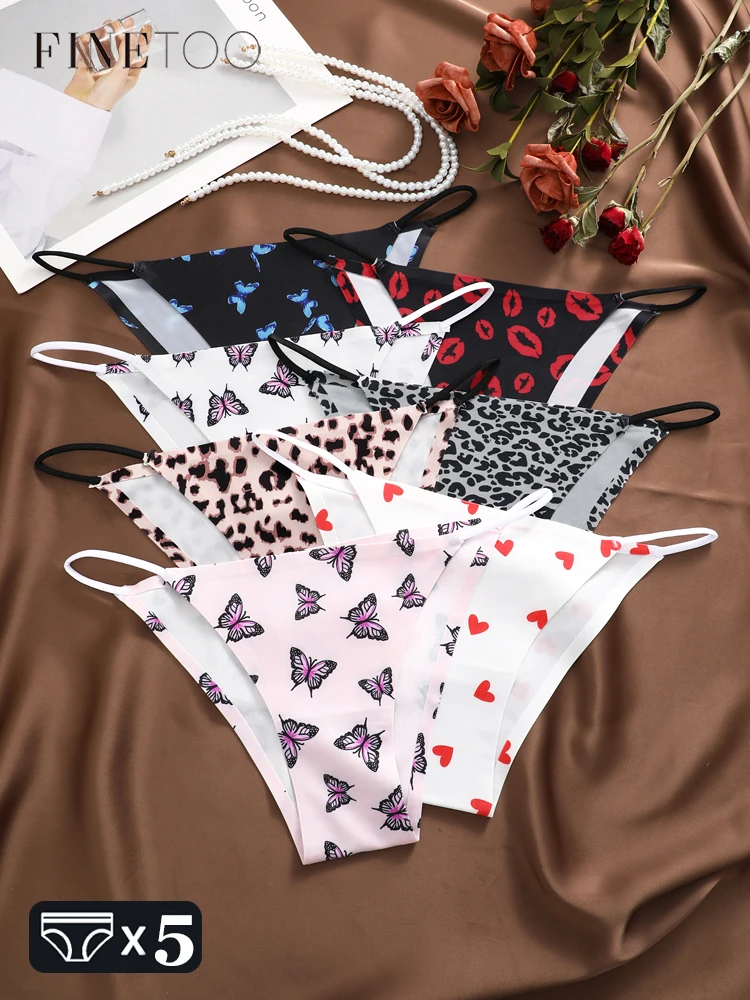 FINETOO 5 Stück nahtlose Grafikdruck-Unterwäsche für Damen, sexy Leoparden-Liebes-Slips, weiblich, niedrige Taille, Stretch, Komfort-Dessous