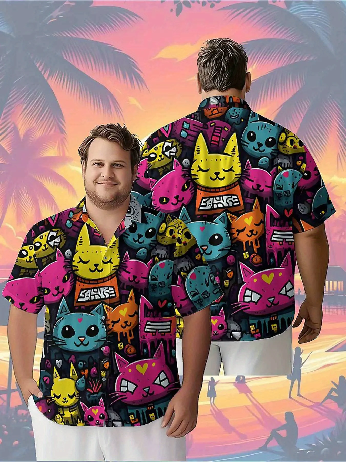 Men's Plus Size Hawaiian Shirts Cat Graffiti pattern,Unisex Baggy Aloha Shirts,summer Alternative Clothing