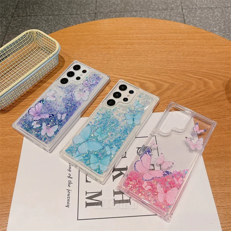 Luminous Butterfly For Samsung Galaxy A15 A25 A35 A55 A14 A24 A34 A54 A13 A23 A33 A73 Case Shiny Liquid Quicksands Glitter Cover