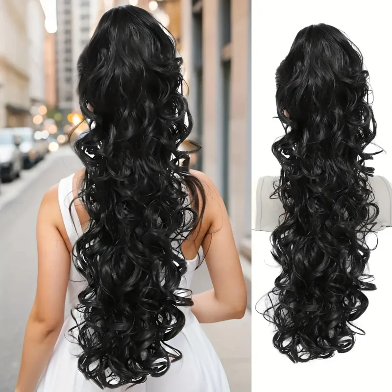 Heat-Resistant Curly Wig with Ponytail Extension | Synthetic, Multi-Color Brown & Blonde Waves, Elastic Wig for Women