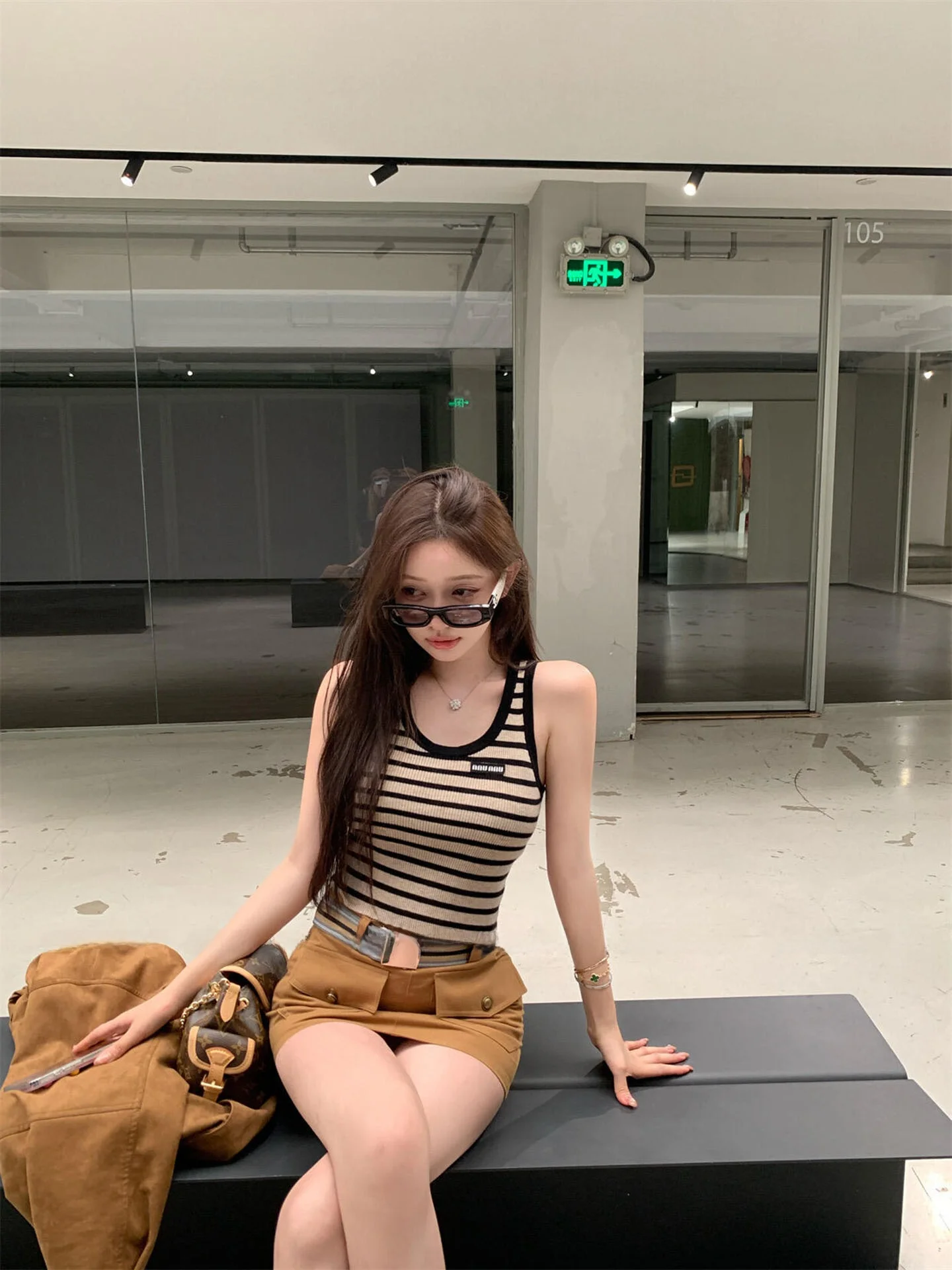

Slim Fit Striped Letter T-Shirt Women's Inner Wear Miu Series Short Vest Top Fashionable Casual round Neck Other Material