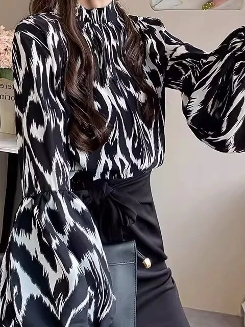 

French Style Printed Long Sleeve Women's Shirt Loose Fit Chiffon Top Slimming Elegant Autumn New Fashion Youthful Top