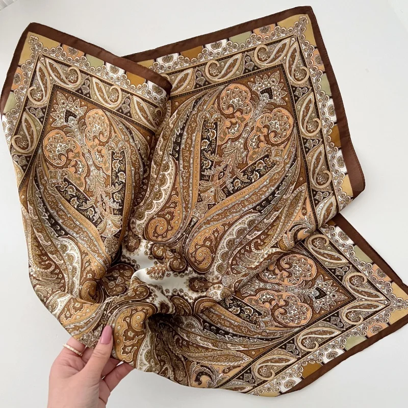 68cm Retro British Palace Style Silk Scarf Women\'s Simulated Silk Cashew Pattern Print Clothing and Bag Decoration Square Scarf