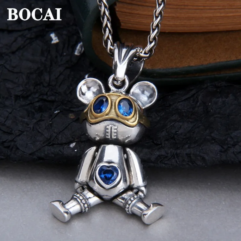 

BOCAI 2021 Trend 100% s925 Silver Jewelry New Doll Aviator Bear Love Heart Blue Zircon Men and Women Pendant Rotatable Limbs