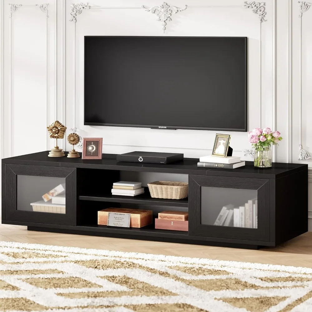 Suporte de TV preto de 55 polegadas, centro de entretenimento para quarto e armário sob TVs com armazenamento, console de TV moderno