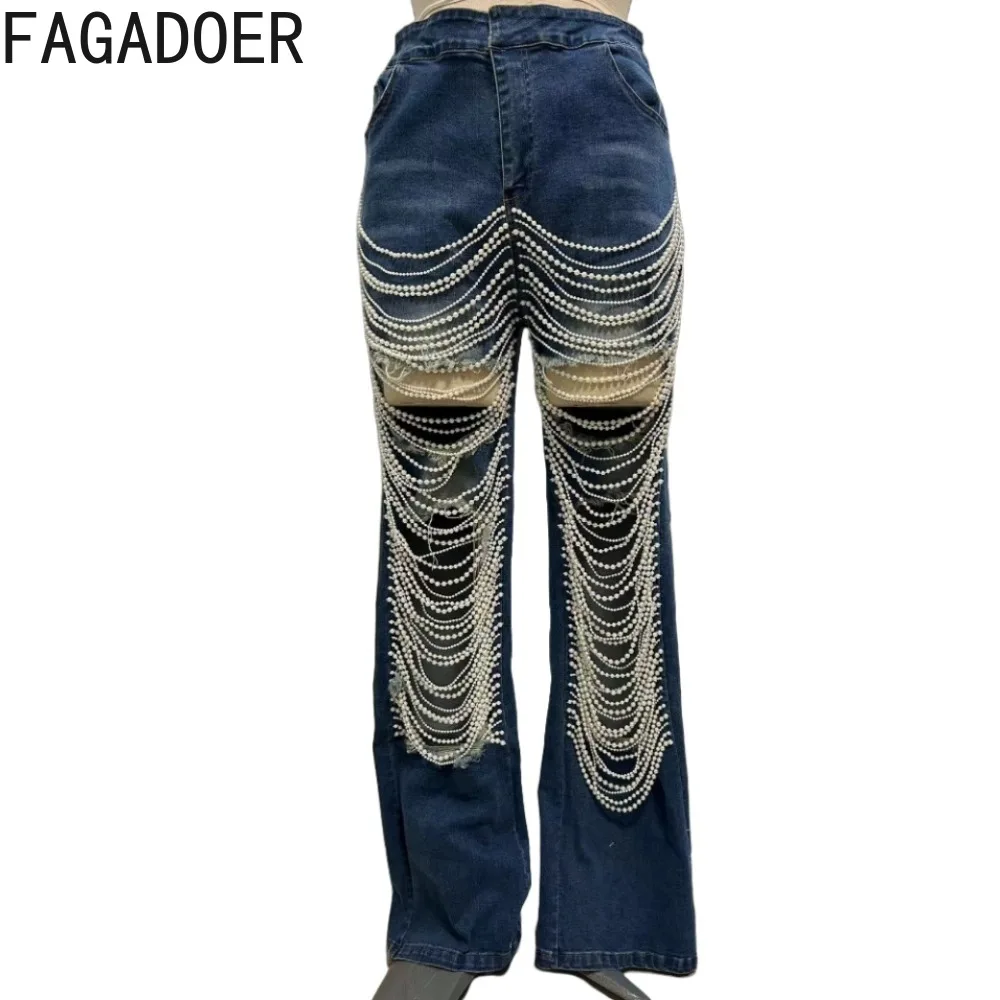 FAGADOER Fashion Streetwear Women High Waisted Button Chain Hollow Out Straight Jeans Pants Female Pocket Denim Trousers Bottoms