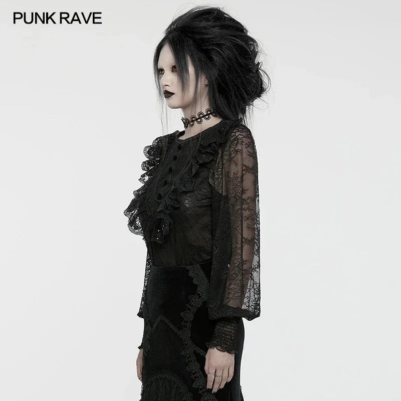 PUNK RAVE Women's Gothic Black 3D U-shaped Decal Lace Shirt Gorgeous Elegant  Comfortable Lantern Sleeve Loose Comfortable Tops