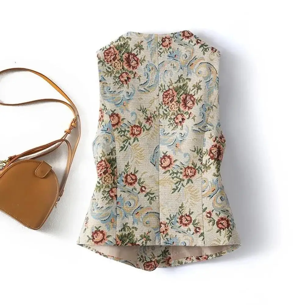 Women's Sleeveless Floral Blazer Vest - V-Neck Design, Button Detail, Structured Fit, Perfect for Layering Over Tops & Dresses
