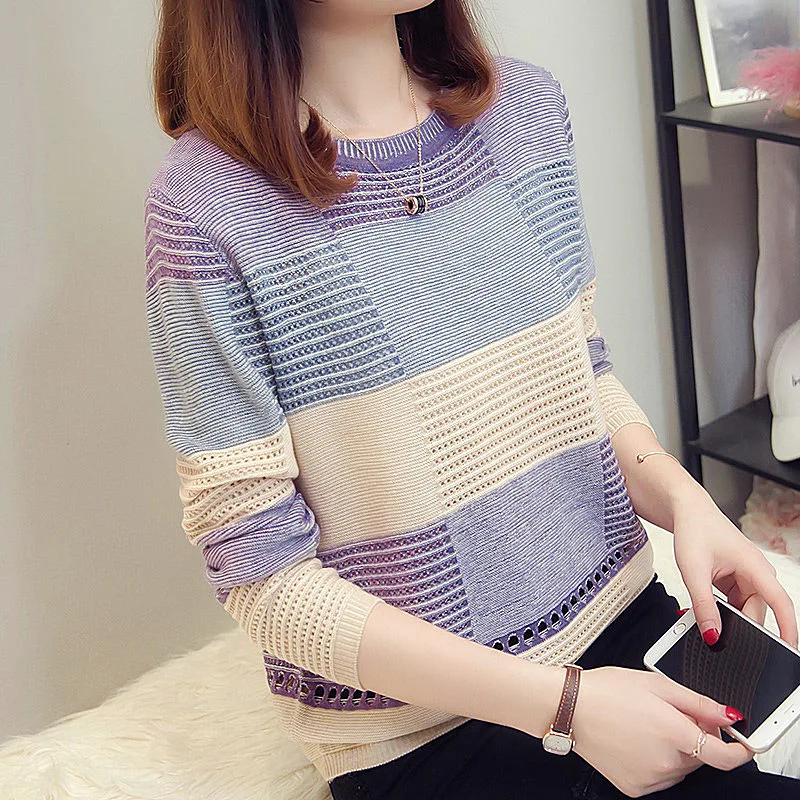 Pullover Women's Spring and Autumn Korean Edition Colored Loose Striped Long Sleeve Underlay T-shirt Hollow out Thin Cover Tops